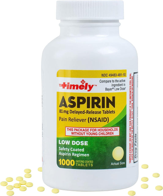 Timely - Low Dose Aspirin 81mg - 1000 Tablets - Compared to the active ingredient in Bayer Low Dose - Enteric Coated Low Strength - Pain Reliever for Minor Aches and Pains, Fever Reducer - Made in USA