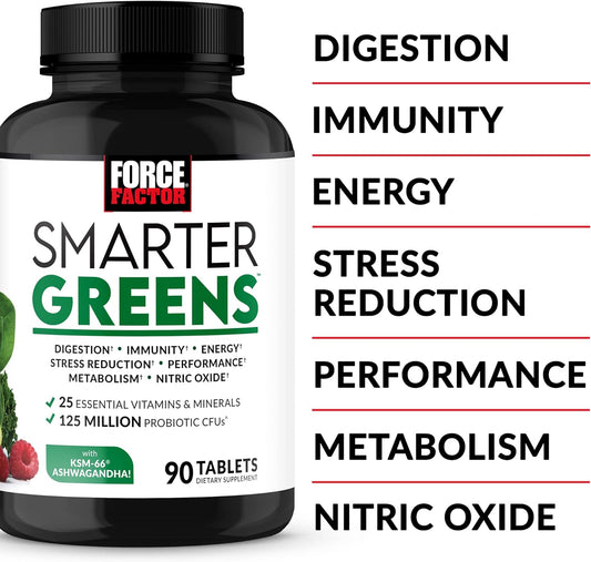 FORCE FACTOR Smarter Greens Tablets, Greens Supplement with 25+ Superfoods and Antioxidants to Improve Digestion, Reduce Stress, Strengthen Immunity, and Support Metabolism, 90 Tablets