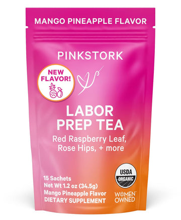 Pink Stork Organic Red Raspberry Leaf Labor Prep Tea - Mango-Pineapple with Nettle, and Moringa - Third Trimester Pregnancy Tea - Labor and Delivery Essentials for Women, 30 Cups