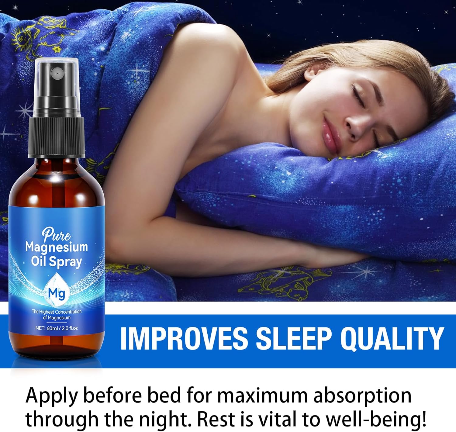 2Pack Pure Magnesium Oil Spray, 100% Natural Topical Magnesium Spray for Feet, Magnesium Spray for Sleep, Safe and Effective, 60ml