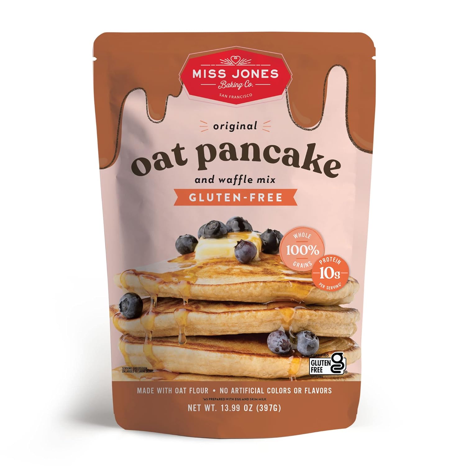 Miss Jones Baking Original Oat Pancake and Waffle Mix - Made with Oat Flour, Gluten Free, 10g of Protein, 100% Whole Grains,13.99 Ounce (Pack of 1)