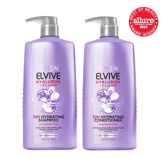 L'Oreal Paris Elvive Hyaluron Plump Shampoo And Conditioner Set For Dehydrated, Dry Hair With Hyaluronic Acid Care Complex, 1 Kit (2 Products)