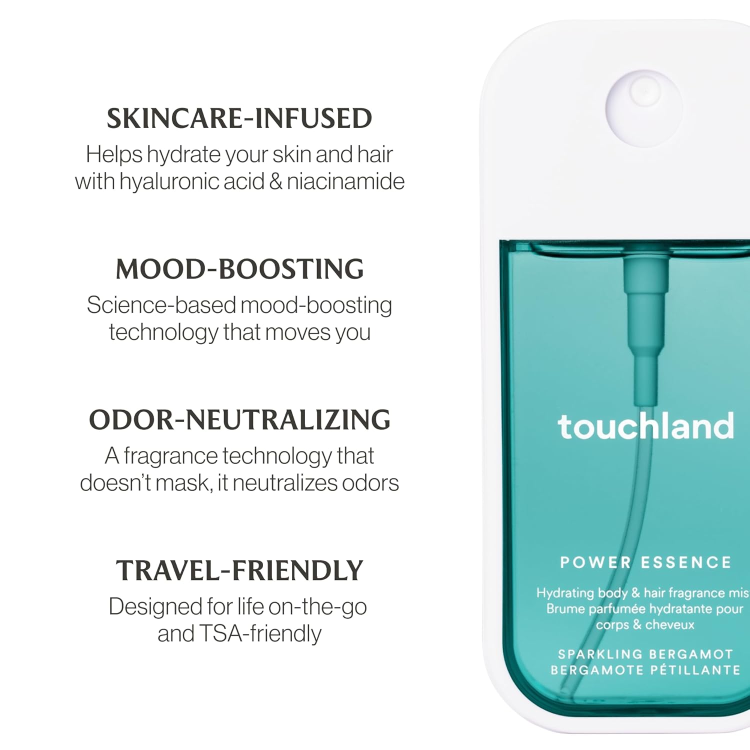 Touchland Power Essence Hydrating Body & Hair Fragrance, Sparkling Bergamot, 2 Fl. Oz. Travel Size Body Mist : Beauty & Personal Care