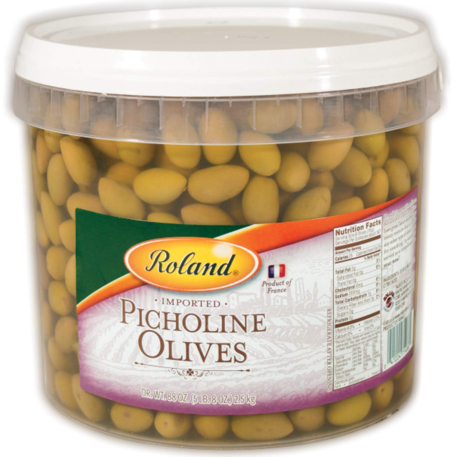 Roland Foods Picholine Green Olives, Whole Olives With Pits, Specialty Imported Food, 88-Ounce Tub