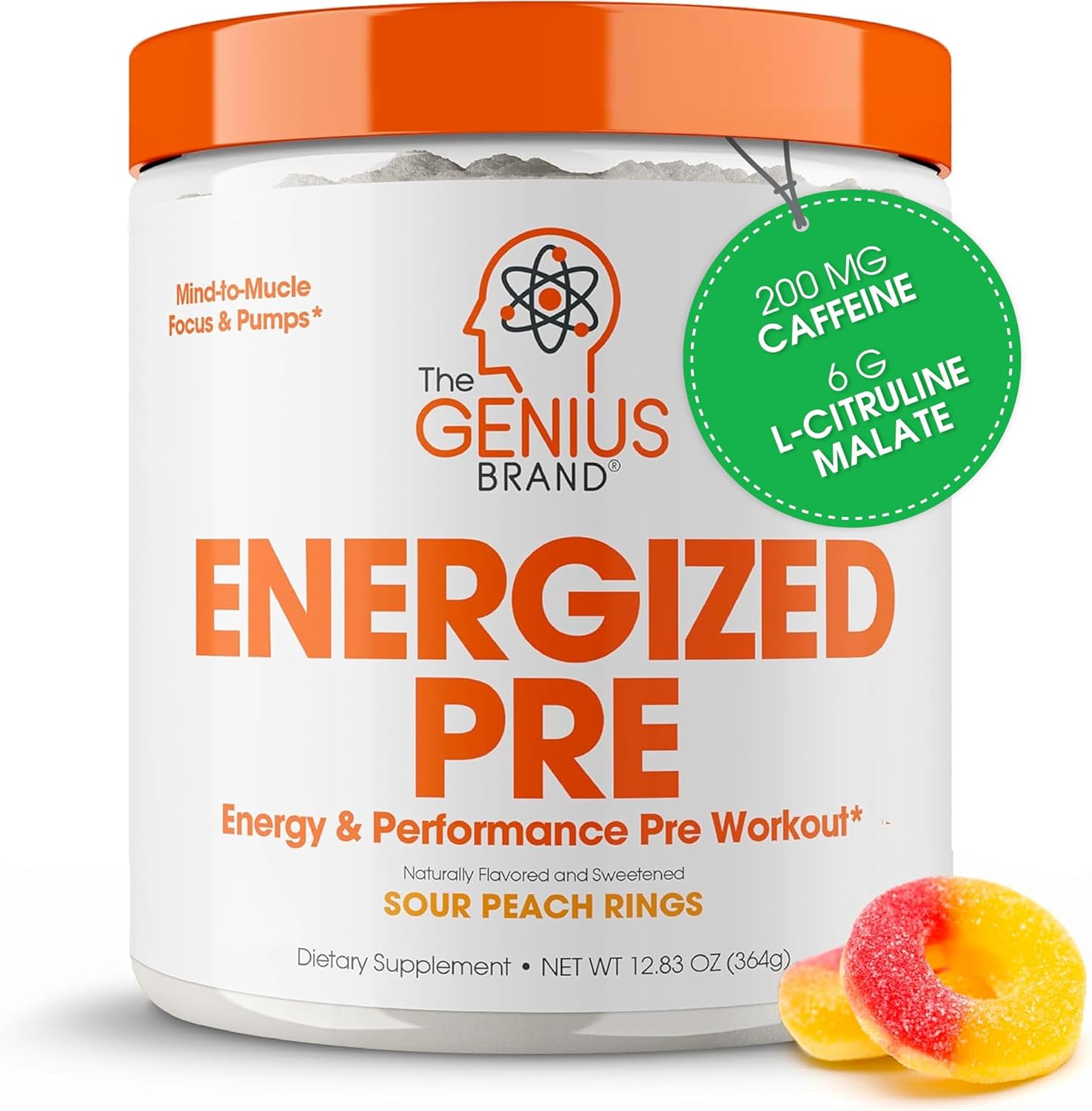 Genius Energized Pre Workout Powder, Sour Peach Rings - Caffeine Infused Pre-Workout Nitric Oxide Booster Supplement With Beta Alanine & Alpha Gpc - No Artificial Sweetener Or Dyes – 200Mg Caffeine