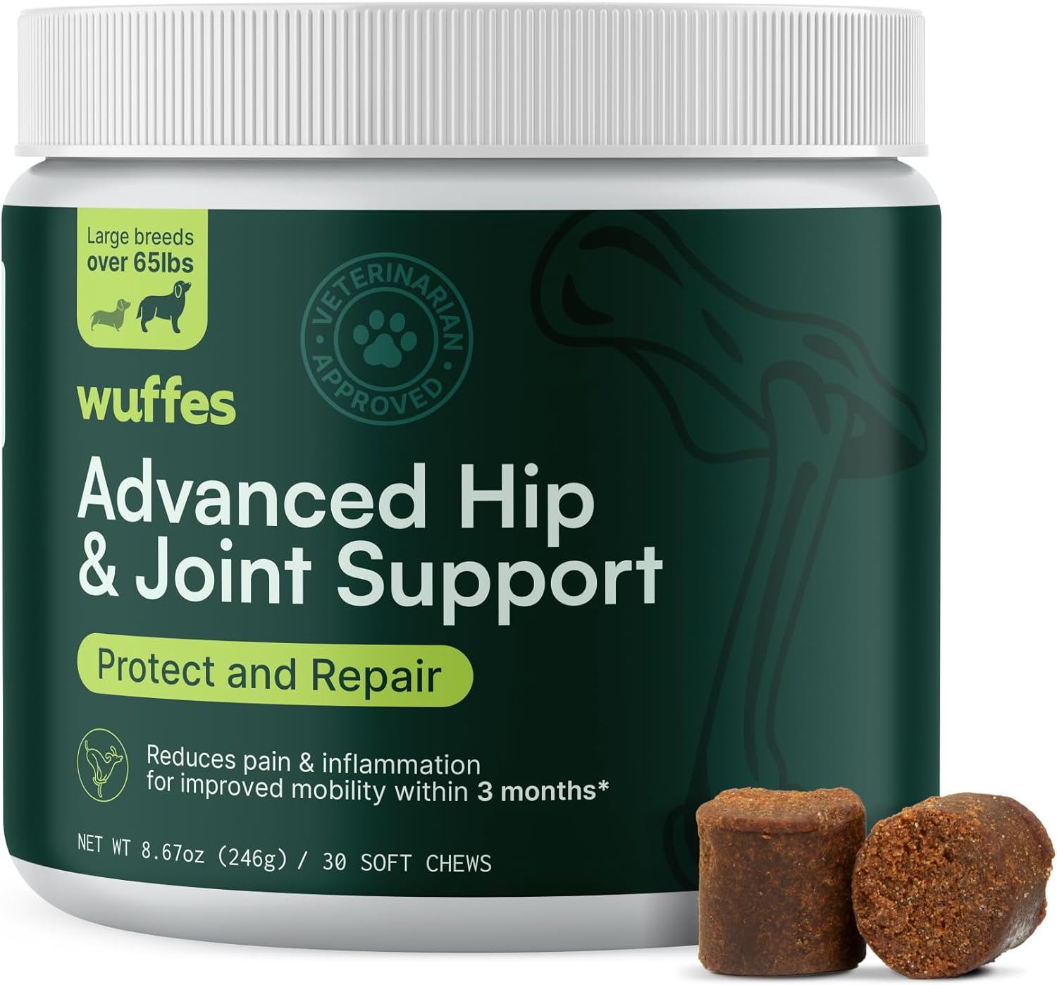 Wuffes Chewable Dog Hip And Joint Supplement For Large Breeds - Glucosamine & Chondroitin Chews - Dog Joint Supplements & Vitamins - Extended Joint Care - 30 Count