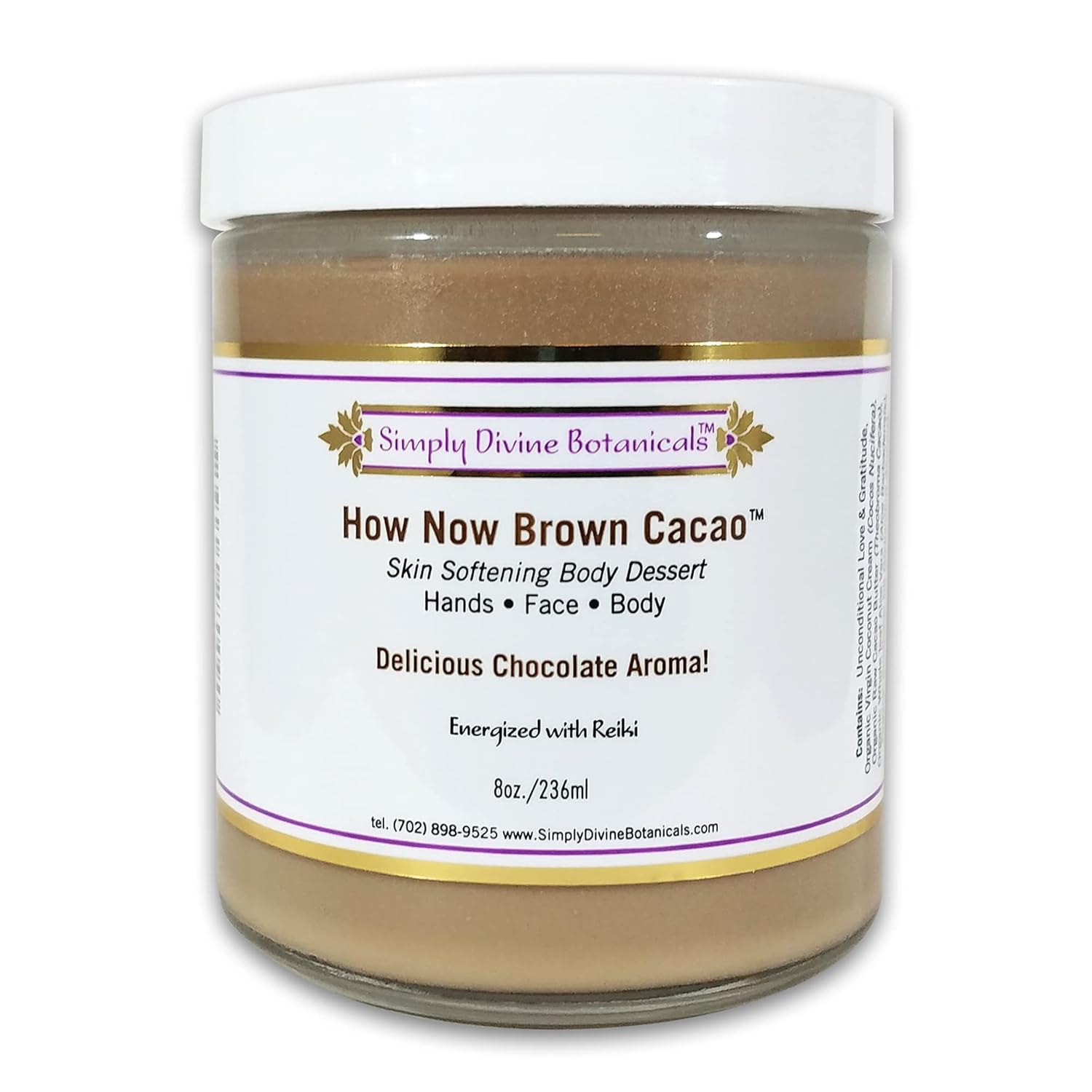 Simply Divine Botanicals How Now Brown Cacao - All-Natural And Organic Body Butter With A Chocolate Aroma To Soften And Deeply Moisturize Hands, Face, Body, 8 Oz