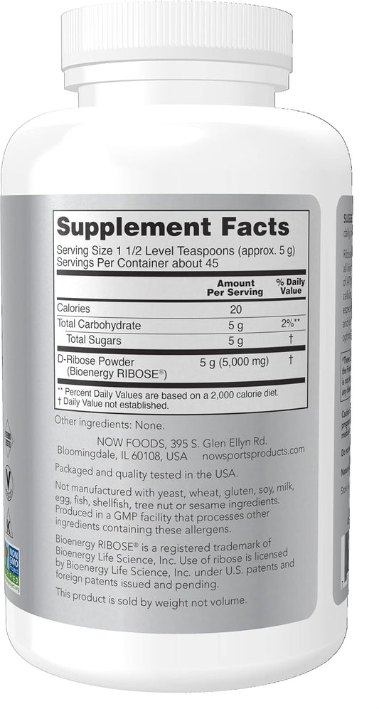 Now Foods Sports Nutrition, D-Ribose Powder 5,000 Mg, Certified Non-Gmo, Energy Production*, 8-Ounce