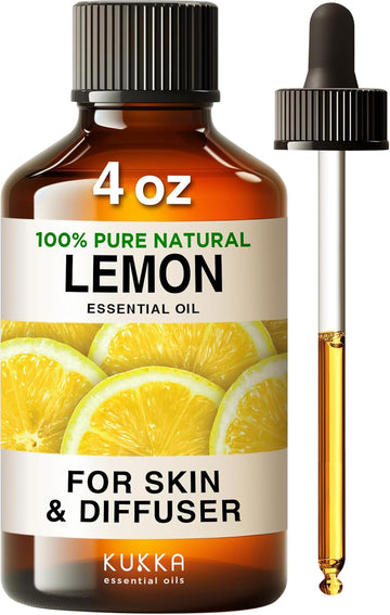 Kukka Lemon Essential Oil - Huge 4 Fl Oz - 100% Pure Natural Lemon Oil For Skin Cleaning Diffuser & Diy - Natural Lemon Essence Oil For Aromatherapy Soap Making Scent & More