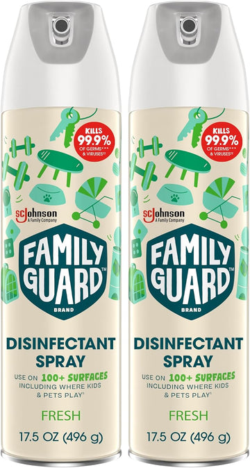 Family Guard Brand Disinfectant Spray Aerosol, Antibacterial & Sanitizing Spray, Use On 100+ Surfaces Including Where Kids & Pets Play, Fresh Scent, 17.5 Fl Oz (Pack Of 2)