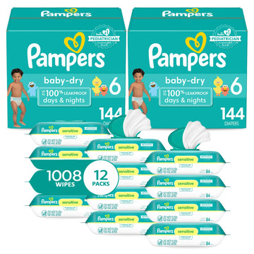 Pampers Baby Dry Disposable Baby Diapers Size 6, 2 Month Supply (2 X 144 Count) With Sensitive Water Based Baby Wipes 12X Multi Pack Pop-Top And Refill (1008 Count)