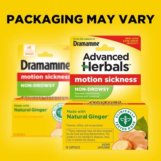 From The Makers Of Dramamine, Advanced Herbals, Non-Drowsy, Motion Sickness Relief, Made With Natural Ginger, 18 Count, 2 Pack