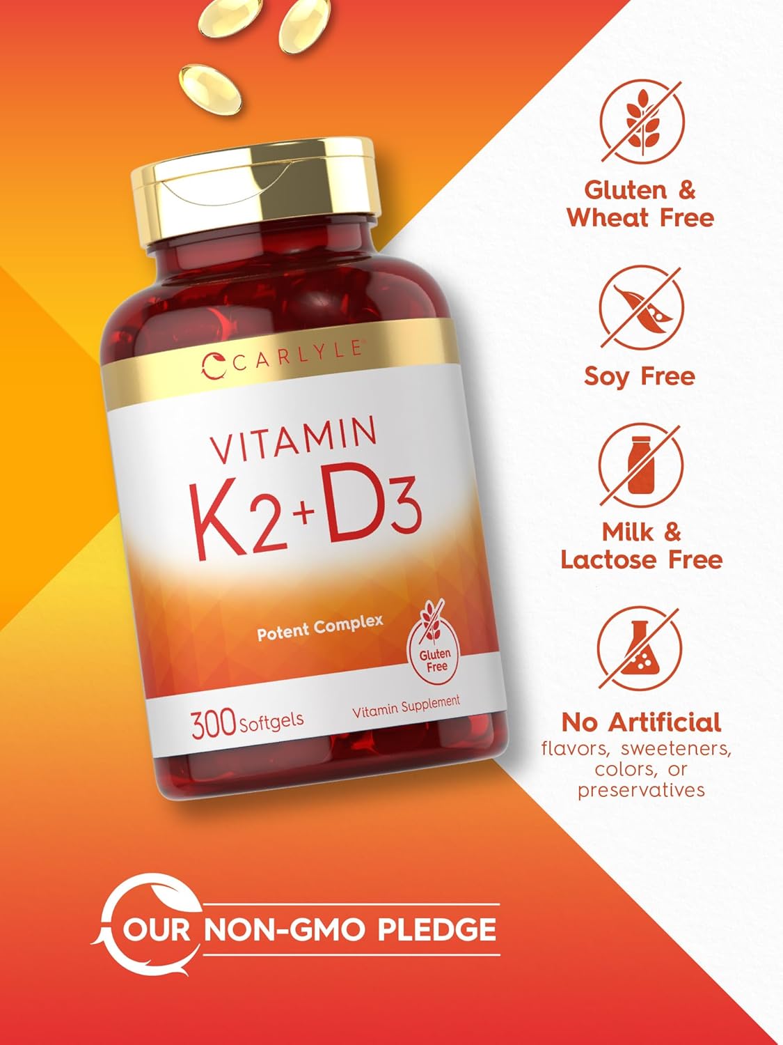 Carlyle Vitamin K2 and D3 Supplement | 300 Softgels | 200mcg K2 MK7 & 250mcg D3 | Non-GMO, Gluten Free : Health & Household