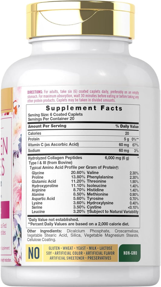 Carlyle Collagen With Vitamin C | 6000Mg | 120 Caplets | Multi Collagen Peptide Pills | Type 1 And 3 | Non-Gmo, Gluten Free, Grass Fed