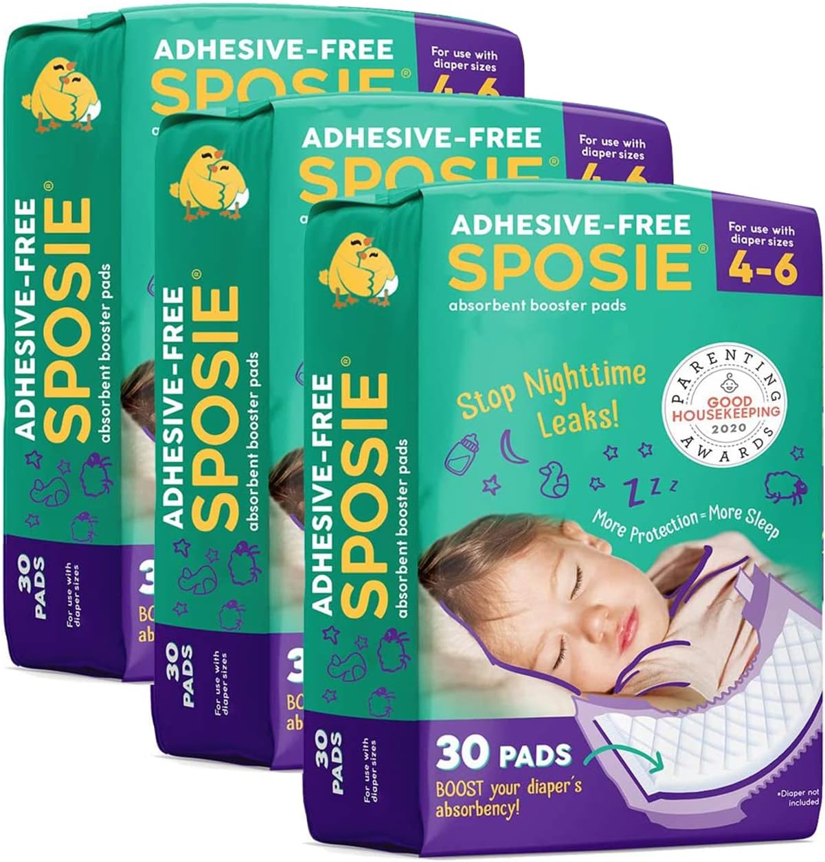 Sposie Booster Pads, Stop Overnight Diaper Leaks, Adhesive-free for easy repositioning, Helps Reduce Nighttime Diaper Changes and Diaper Rash, Use with Sizes 4-6, 90 ct