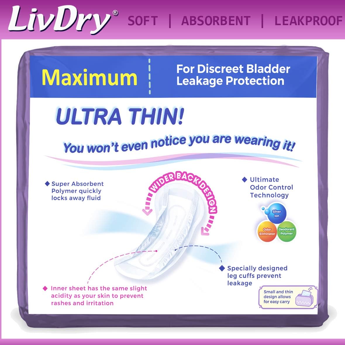 LivDry Incontinence Ultra Thin Pads for Women | Leak Protection and Odor Control | Extra Absorbent (Maximum 18-Count) : Health & Household