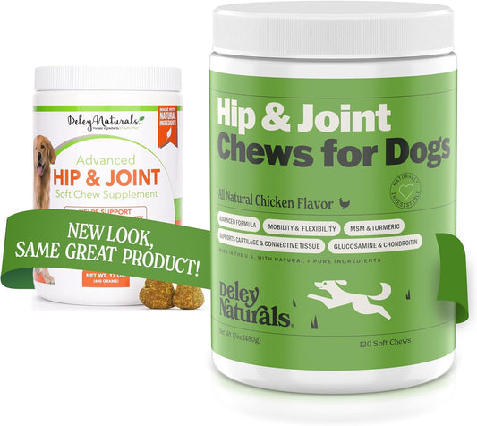 Hip and Joint Support Supplement for Dogs - Advanced Arthritis Pain Relief - Chondroitin, MSM, Organic Turmeric, & Glucosamine for Dogs - Made in USA - 120 Grain Free Soft Chews, Deley Naturals
