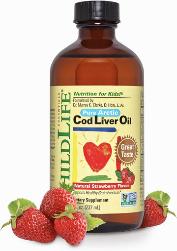 Childlife Essentials Cod Liver Oil For Kids - Liquid Arctic Cod Liver Oil For Babies 6+ Months, Toddlers, & Kids, Added Dha, Epa, Omega-3 Fatty Acids - Strawberry, 8 Fl Oz
