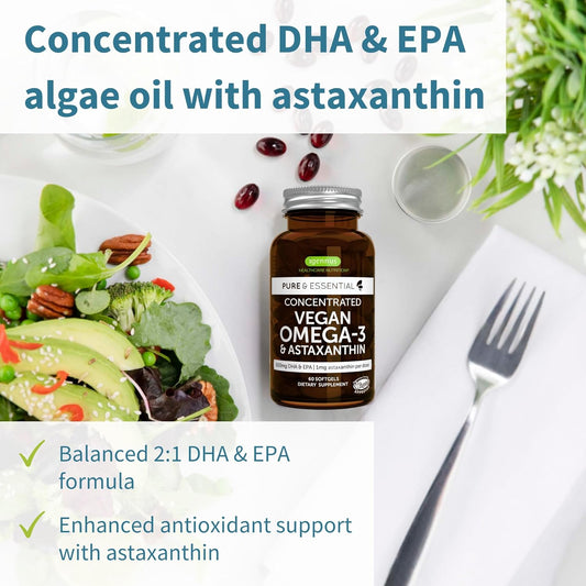 Vegan Dha & Epa Omega 3 Algae Oil & Astaxanthin Antioxidant, 1344Mg Omega 3, Pure & Sustainable, 60 Small Softgels, 400Mg Dha & 200Mg Epa, Clean Label, Easy-To-Swallow, 30 Servings, By Igennus