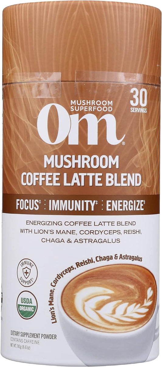 Om Mushroom Superfood Coffee Latte Blend Mushroom Powder, Lion's Mane, Cordyceps, Reishi, Chaga, Energy & Mental Clarity Support Supplement, 240g, 8.4