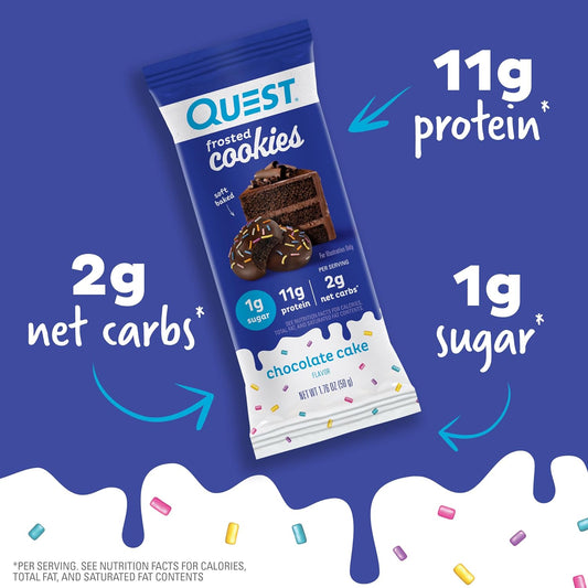 Quest Nutrition Frosted Cookies Twin Pack, Chocolate Cake, 1G Sugar, 11G Protein, 2G Net Carbs, Gluten Free, 16 Cookies