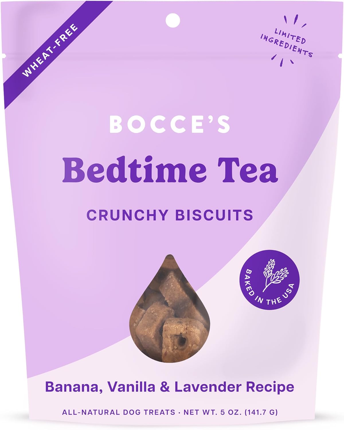 Bocce's Bakery Oven Baked Bedtime Tea Treats for Dogs, Wheat-Free Everyday Dog Treats, Made with Real Ingredients, Baked in The USA, All-Natural Biscuits, Banana, Vanilla, & Lavender, 5 oz