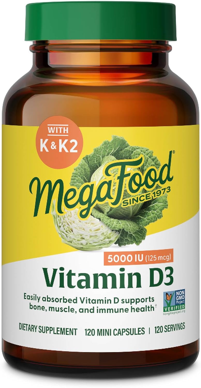 Megafood Vitamin D3 5000 Iu (125 Mcg) - Vegetarian Vitamin D Supplements With Vitamin D3 K2, Supports Bones, Teeth, Muscles & Immune Health, Certified Non-Gmo - 120 Mini Capsules, 120 Servings