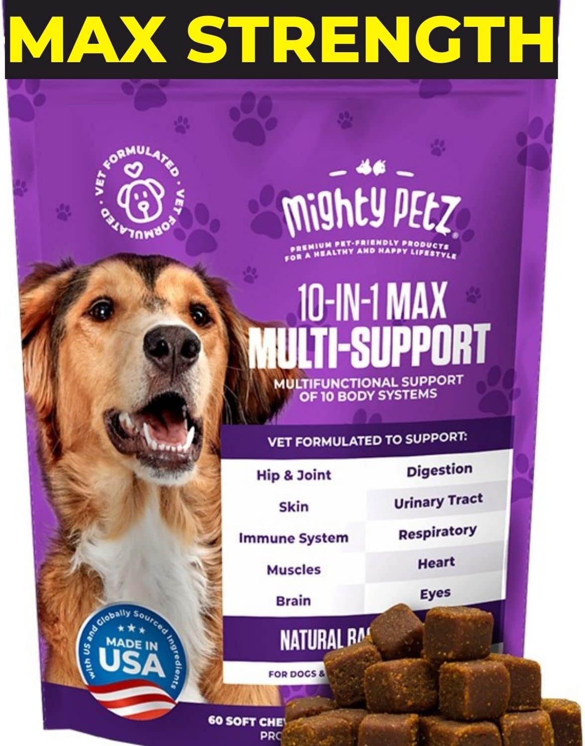 Mighty Petz MAX Dog Multivitamin - Senior & Adult Dog Vitamins 10 in 1 Complete Support for Joints, Immunity, Mobility, Gut, Energy, Skin Health. Daily Pet Chewable Supplement