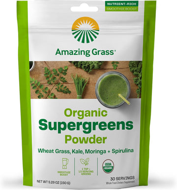Amazing Grass Super Greens Booster: Greens Powder Smoothie Mix With Spirulina, Moringa, Wheat Grass & Kale Smoothie Booster, Chlorophyll Providing Greens, 30 Servings