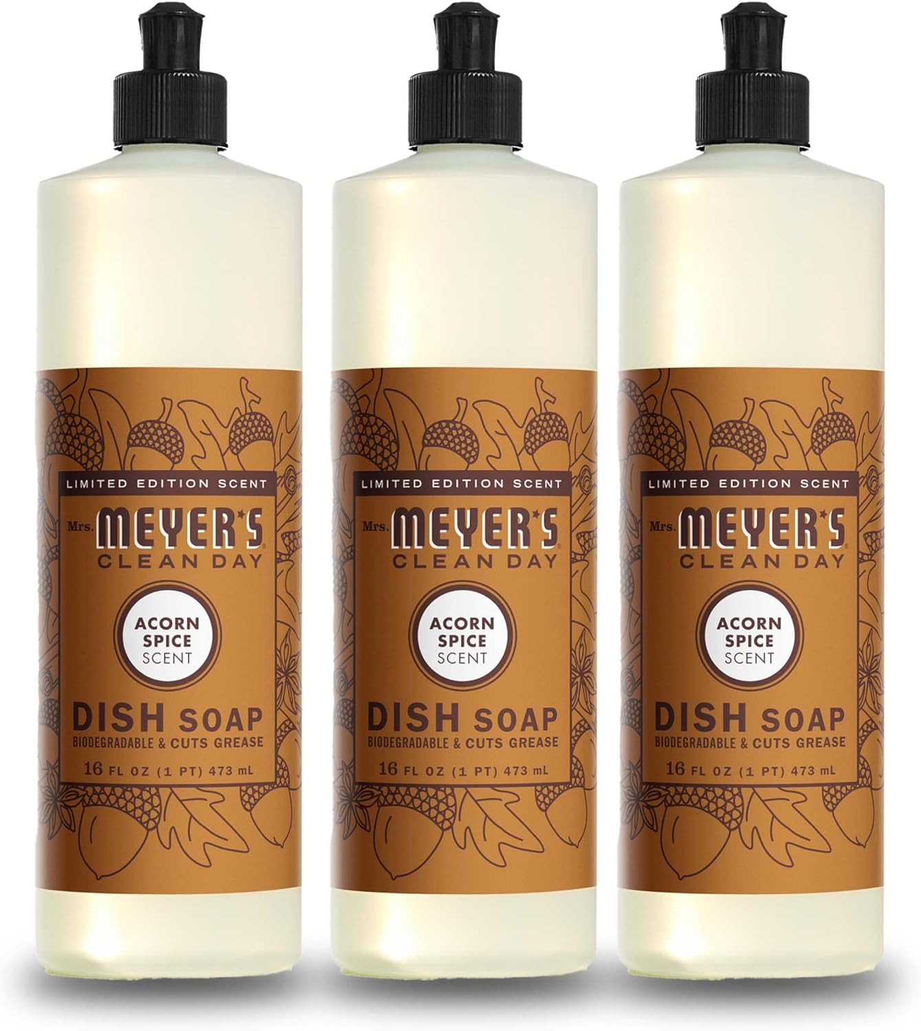 MRS. MEYER'S CLEAN DAY Liquid Dish Soap, Biodegradable Formula, Limited Edition Acorn Spice, 16 fl. oz - Pack of 3