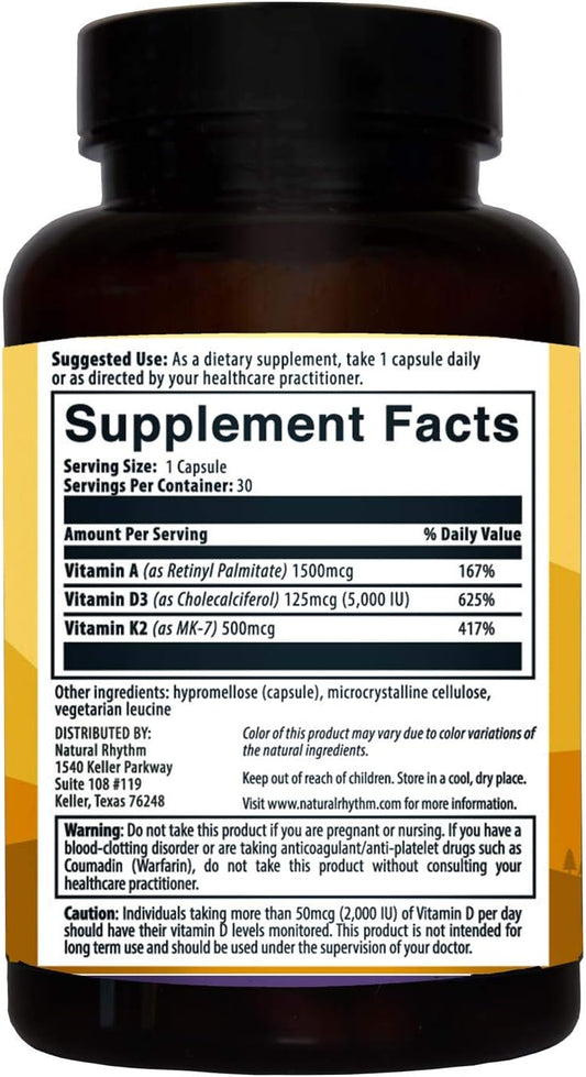 Natural Rhythm Vitamin D3 + K2 (Mk7) Plus Vitamin A, For Bone, Heart, & Immune Health, 30 Capsules