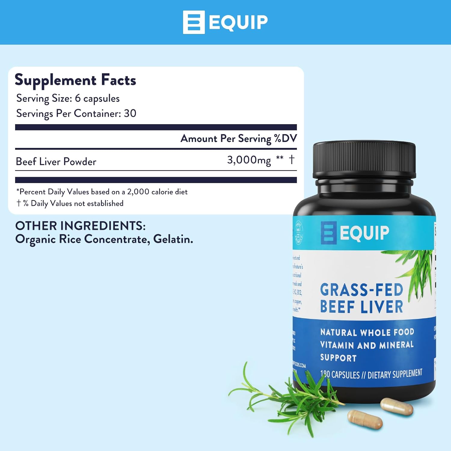 Equip Foods Grass-Fed Beef Liver - Natural Desiccated Beef Liver Supplement - Support Heart Health, Brain Function, Digestion, Metabolism, Immunity, Detoxification -180 Capsules : Health & Household