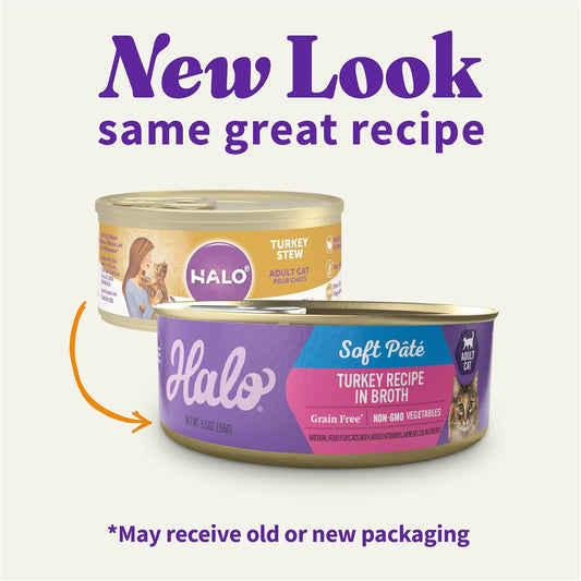 Halo Adult Grain Free Wet Cat Food Soft Pate, Turkey Recipe In Broth, Healthy Cat Food With Real, Whole Turkey , 5.5 Oz Can (Pack Of 12)