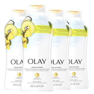 Olay Fresh Outlast Paraben Free Body Wash With Rejuvenating Notes Of Pineapple And Coconut Water, 22 Fl Oz, Pack Of 4