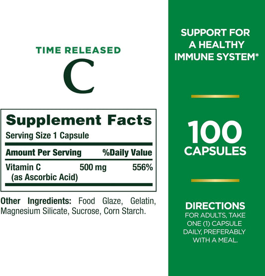 Nature's Bounty Time Released Vitamin C, Immune Support, Vitamin Supplement, 500mg, 100 Capsules