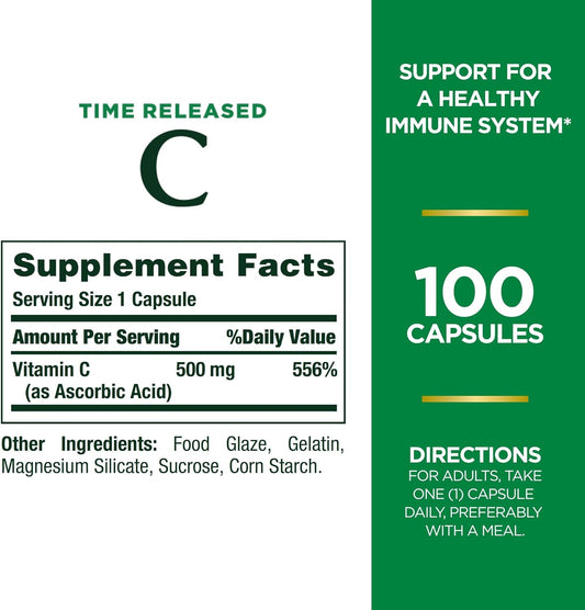 Nature'S Bounty Time Released Vitamin C, Immune Support, Vitamin Supplement, 500Mg, 100 Capsules