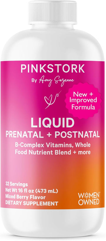 Pink Stork Liquid Prenatal + Postnatal Multivitamin For Women - Organic Food Blend & 18 Vitamins For Pregnant And Postpartum Breastfeeding Moms - Morning Sickness Support - 32 Servings