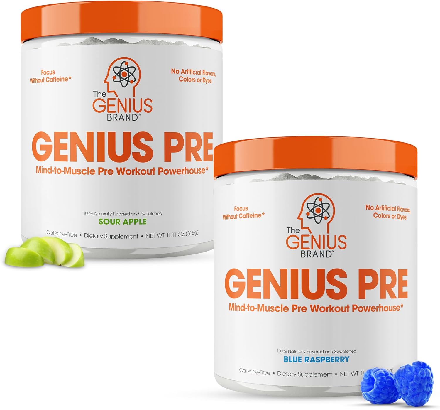 Genius Pre-Workout Supplement Bundle - Blue Raspberry & Sour Apple - Caffeine-Free/Stimulant-Free : Health & Household