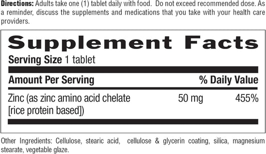 Country Life Zinc 50mg, Amino Acid Chelate, 100 Tablets, Certified Gluten Free, Certified Vegan, Non-GMO Verified