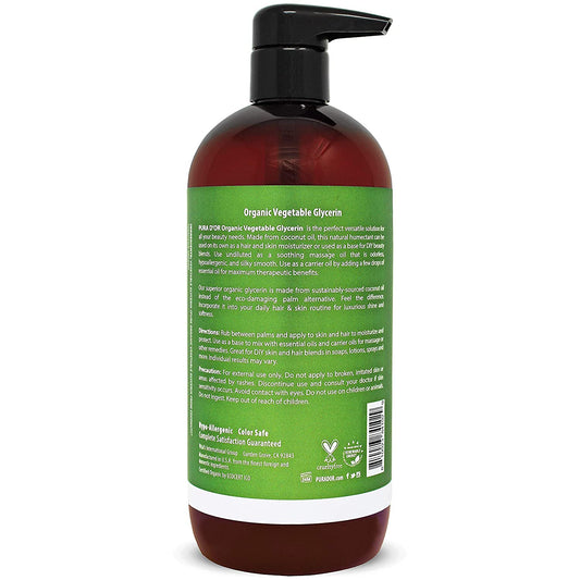 Pura D'Or Organic Vegetable Glycerin (24Oz) Derived From Coconut,100% Pure Premium Grade,Clear & Odorless,Non-Gmo,Usp Grade,Kosher,Vegan,Cold Pressed,Hair,Skin & Diy Base (Packaging May Vary)