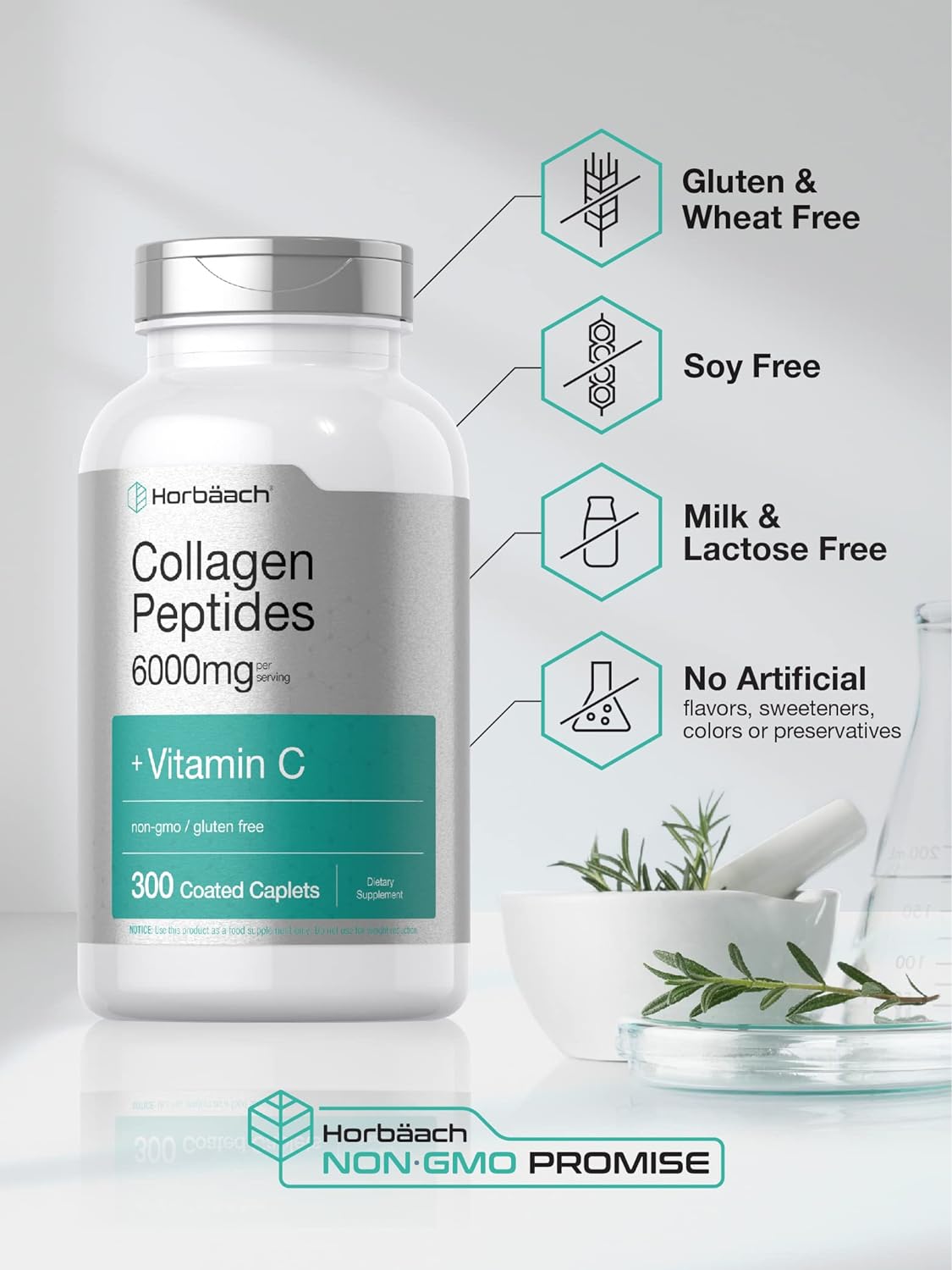 Horbäach Collagen Peptides 6000mg | 300 Caplet Pills | with Vitamin C | Hydrolyzed Collagen Supplement | Non-GMO, Gluten Free : Health & Household