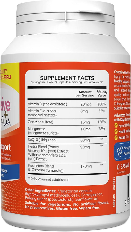 Conceive Plus Motility Boost For Men - Sperm Count Booster With Zinc, Ginseng, Q10, Vitamin D And Antioxidants - Men'S Fertility Supplement - 60 Capsules, 30 Day Supply