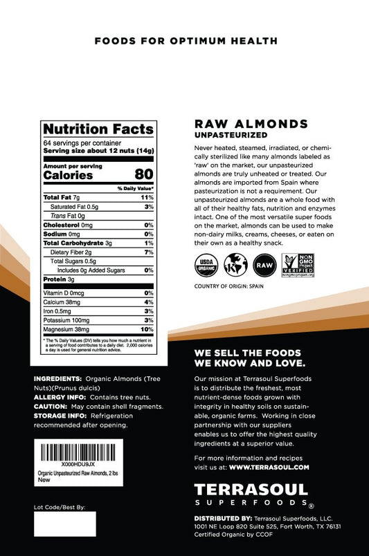 Terrasoul Superfoods Raw Unpasteurized Organic Almonds (Sproutable), 2 lbs