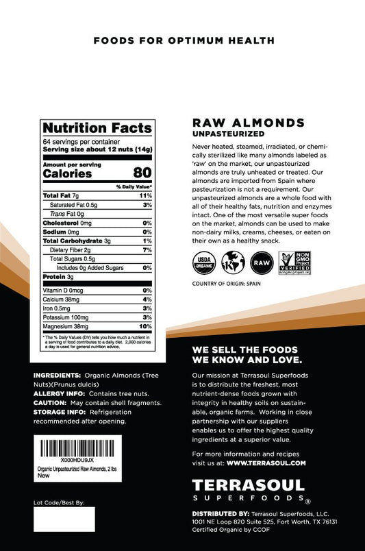 Terrasoul Superfoods Raw Unpasteurized Organic Almonds (Sproutable), 2 Lbs