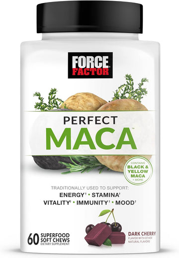 FORCE FACTOR Perfect Maca, Maca Root and DIM Supplement with Saffron to Boost Energy and Mood, with Yellow and Black Maca, Vitamins, Minerals, and Antioxidants, Dark Cherry Flavor, 60 Soft Chews