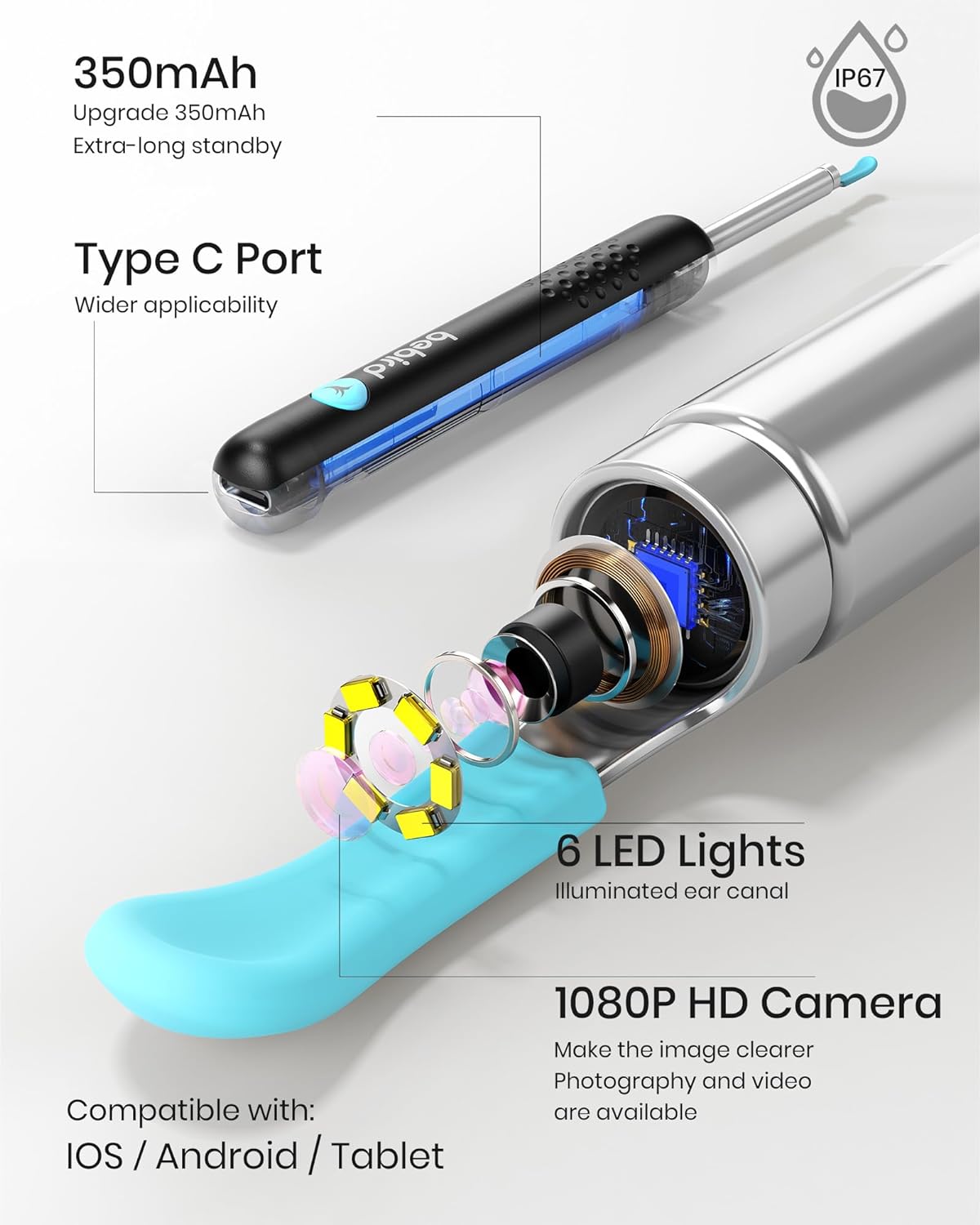 BEBIRD R1 Ear Wax Removal Tool - Spade Ear Cleaner with Ear Camera, 1080P Ear Scope, Earwax Remover Picker with 10 Replacement Tips Ear Pick with 6 LED Light for Earwax Cleaning, Support iPhone, Black : Health & Household