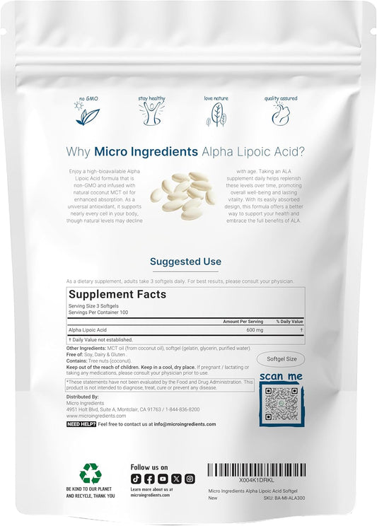 Micro Ingredients Alpha Lipoic Acid 600Mg With Mct Oil, 300 Softgels | Ala Supplement For Liver, Antioxidants, Nerve, Cardiovascular Health Support | Non-Gmo, Gluten-Free, Soy-Free