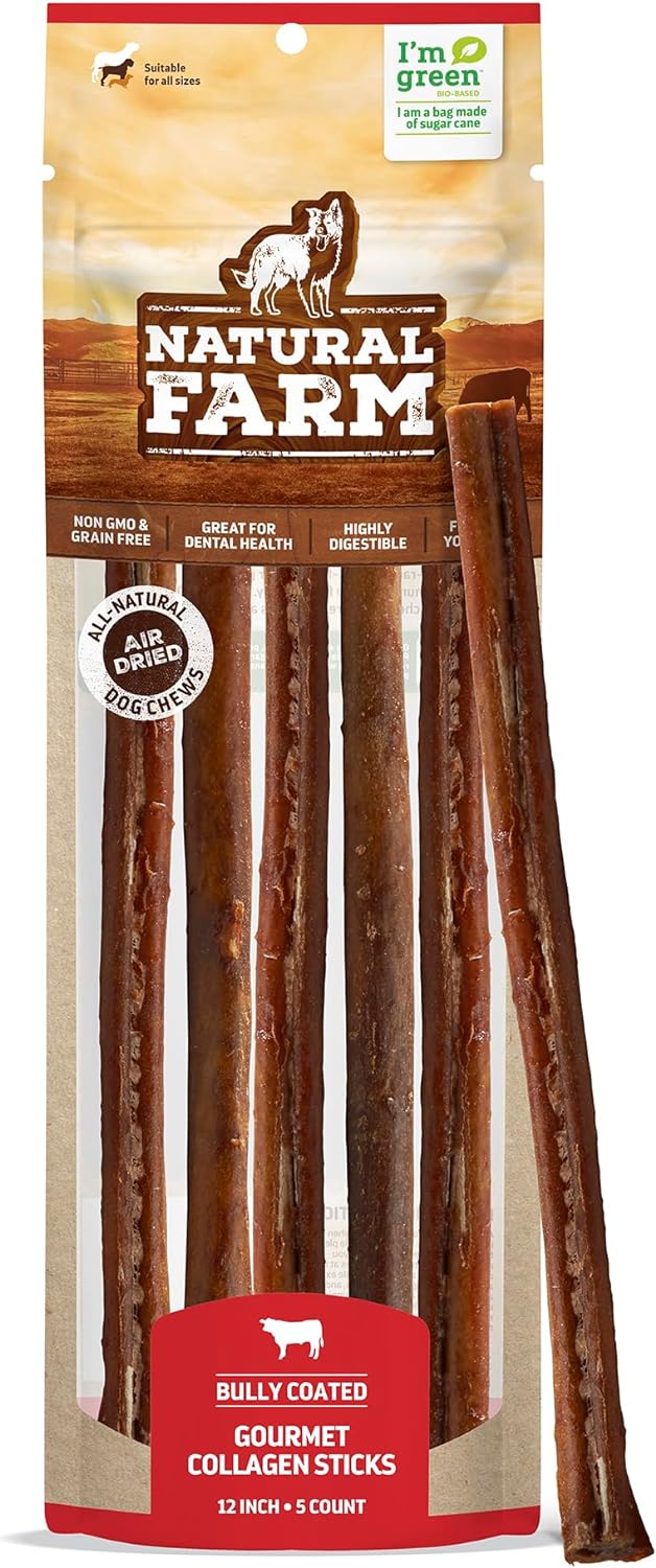 Natural Farm Bully Coated Gourmet Collagen Sticks (12 Inch, 5 Pack), Real Bully Beef Coated, 95% Natural Collagen, Supports Healthy Joints, Skin & Coat - Best for Small & Medium Dogs