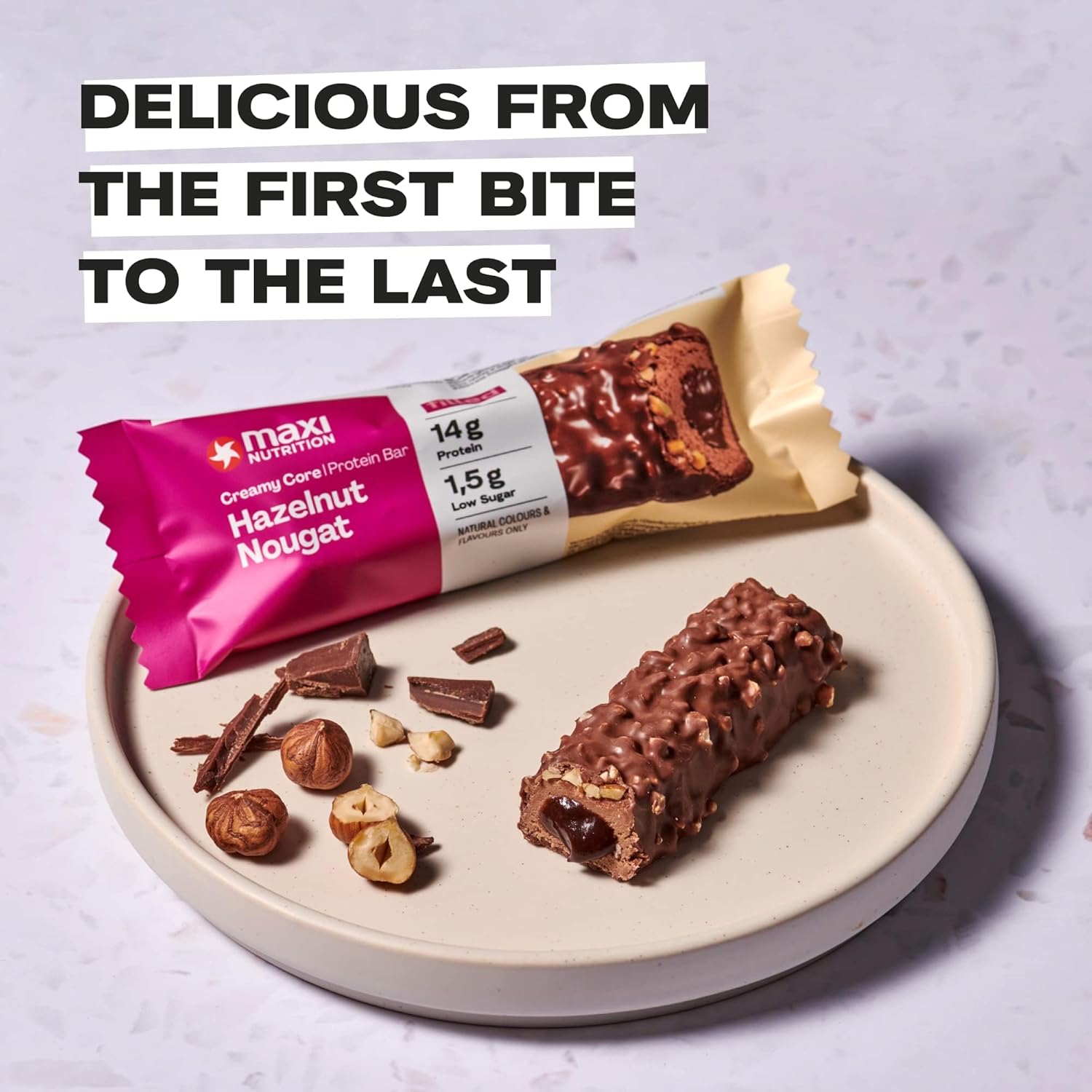 MaxiNutrition Creamy Core Protein Bar - High Protein Snack - Fat-Free, Low in Sugar - 14g Protein - Hazelnut Nougat, 200 kcal per Serving, 12 x 45g : Amazon.co.uk: Health & Personal Care