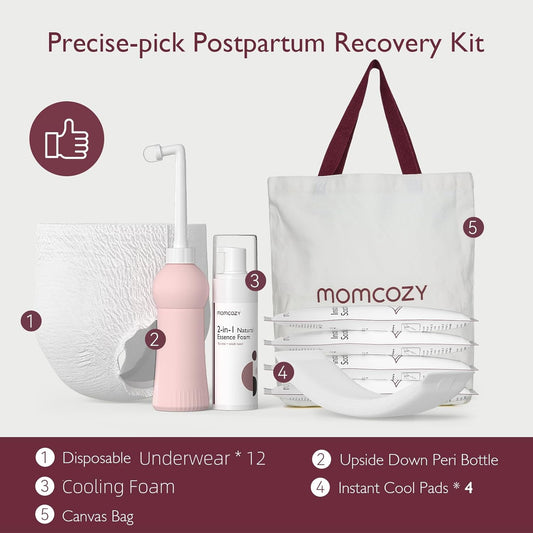 Momcozy Postpartum Recovery Essentials Kit, 19 Pcs Labor Delivery Mom Care Set, Self-Absorbent Disposable Underwear Upside Down Peri Bottle Instant Ice Pads Cooling Foam Canvas Bag Kit